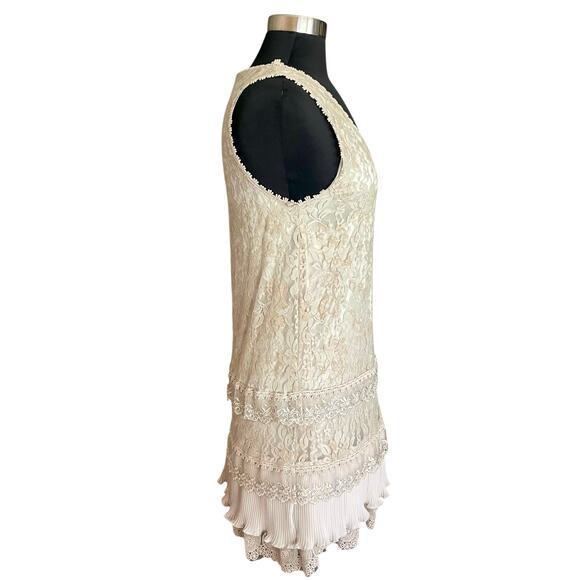 Vertigo Paris Taupe Beige Sheath Dress Tiered Lace Sleeveless MED Fairy Boho - Picture 5 of 9